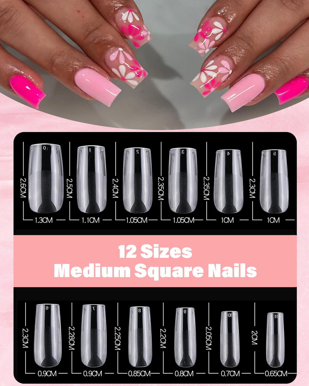 Zhousiart Square Nail Tips, 600pc Medium Gel Nail Tips Square Shape Clear Fake Nails Tips 12 Size Soft Gel Nails for Acrylic Nail Extension, Press on Nails Making