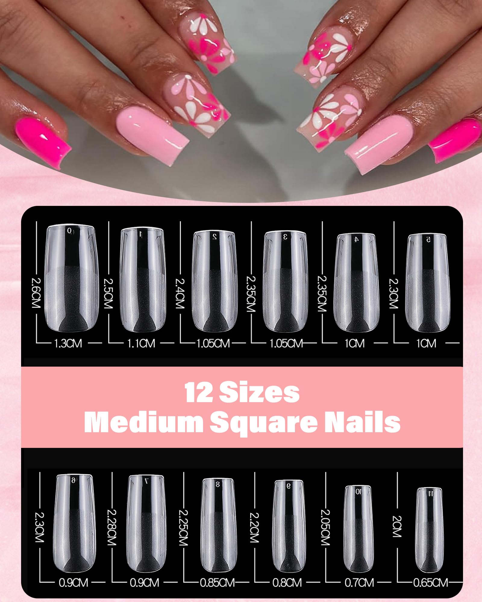 Zhousiart Square Nail Tips, 600pc Medium Gel Nail Tips Square Shape Clear Fake Nails Tips 12 Size Soft Gel Nails for Acrylic Nail Extension, Press on Nails Making