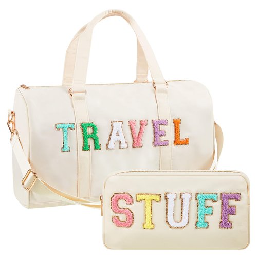 Shinylin 2 Pcs Travel Preppy Duffle Bag and Chenille Letter Makeup Pouch Cosmetic Zipper Patch Weekender Carry on Tote Bag for Women(Nude)