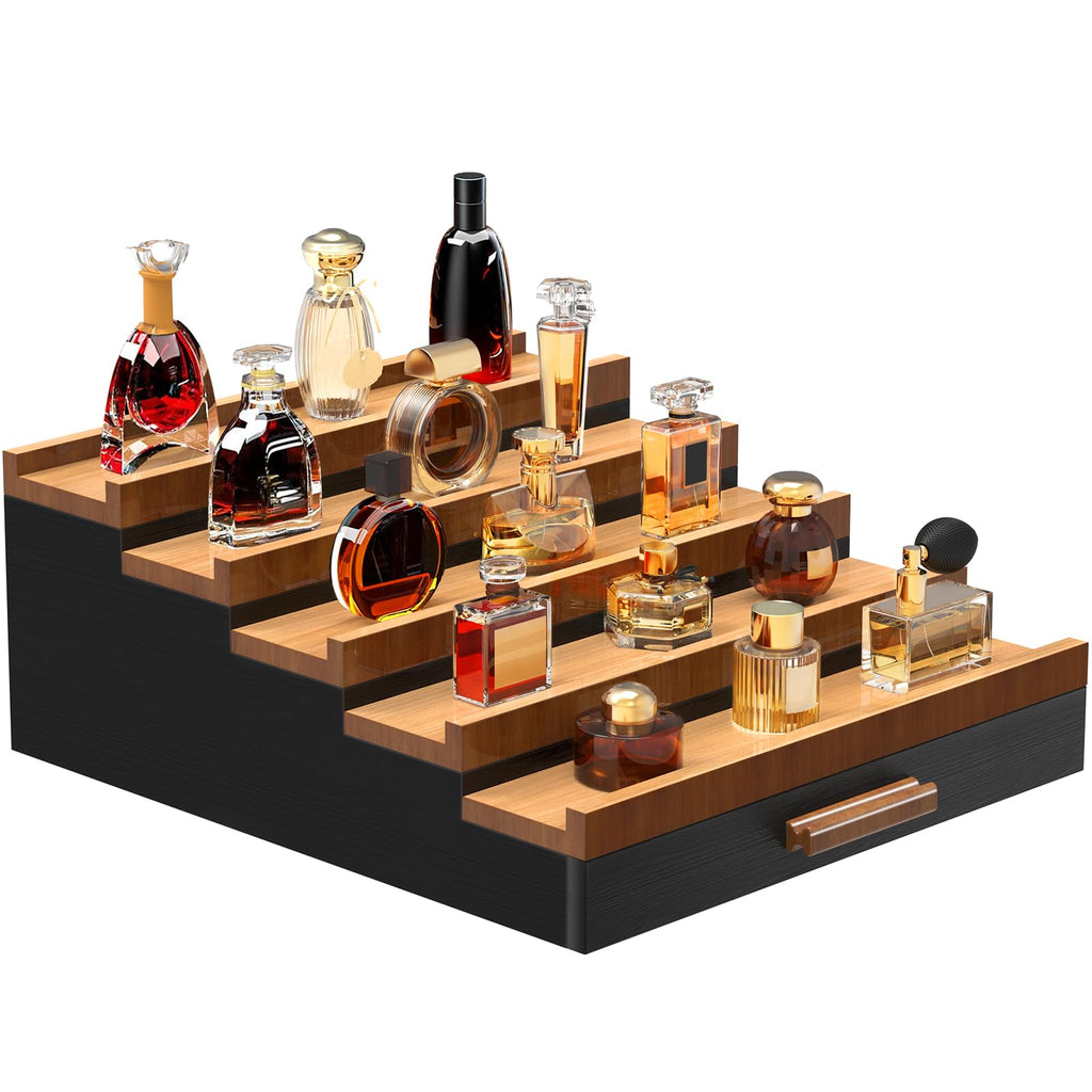 Zaldia Wooden Cologne Organizer for Men 5 Tier of Perfume Display Holder of Drawer & 2 Hidden Compartments Larger Storage Space Mens Perfume Organizer Shelf Stand,Gift for Man (5T-Black Walnut)