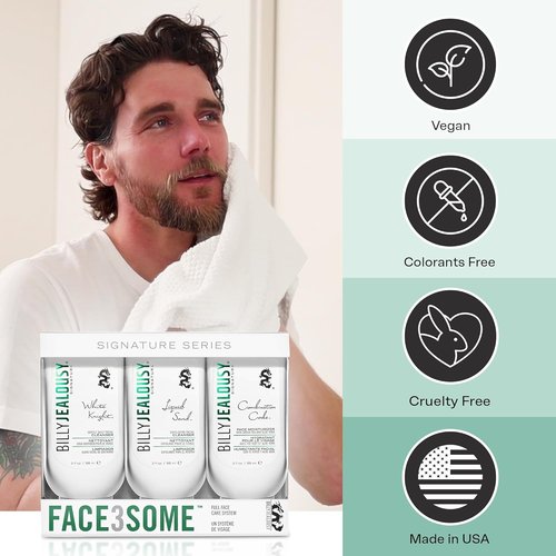 Billy Jealousy Face3Some Face Trio - Vegan Men's Skincare Kit with Travel Size Cleanser & Moisturizer