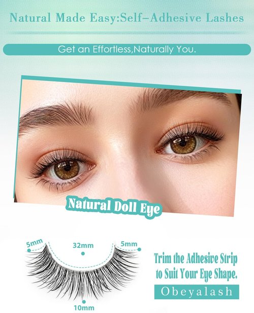 Obeyalash Self Adhesive Eyelashes Natural Look,Waterproof Stick on False Eyelashes,Easy Strip Lashes for Beginners,Reusable Glueless Lashes for Daily Work & Travel (L08 Doll Eye 10mm)