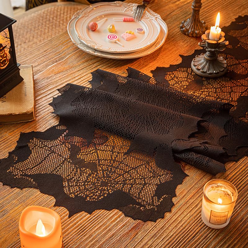 Black Lace Bat Web Halloween Table Runner - 13 x 70 Inch, Spooky Decor