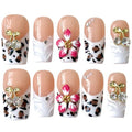 Handmade Press On Nails, 3D Velvet Floral Short/Medium Length Square White French Tips, Leopard Cherry Design, Reusable Acrylic False Nails (Velvet Jungle, M)