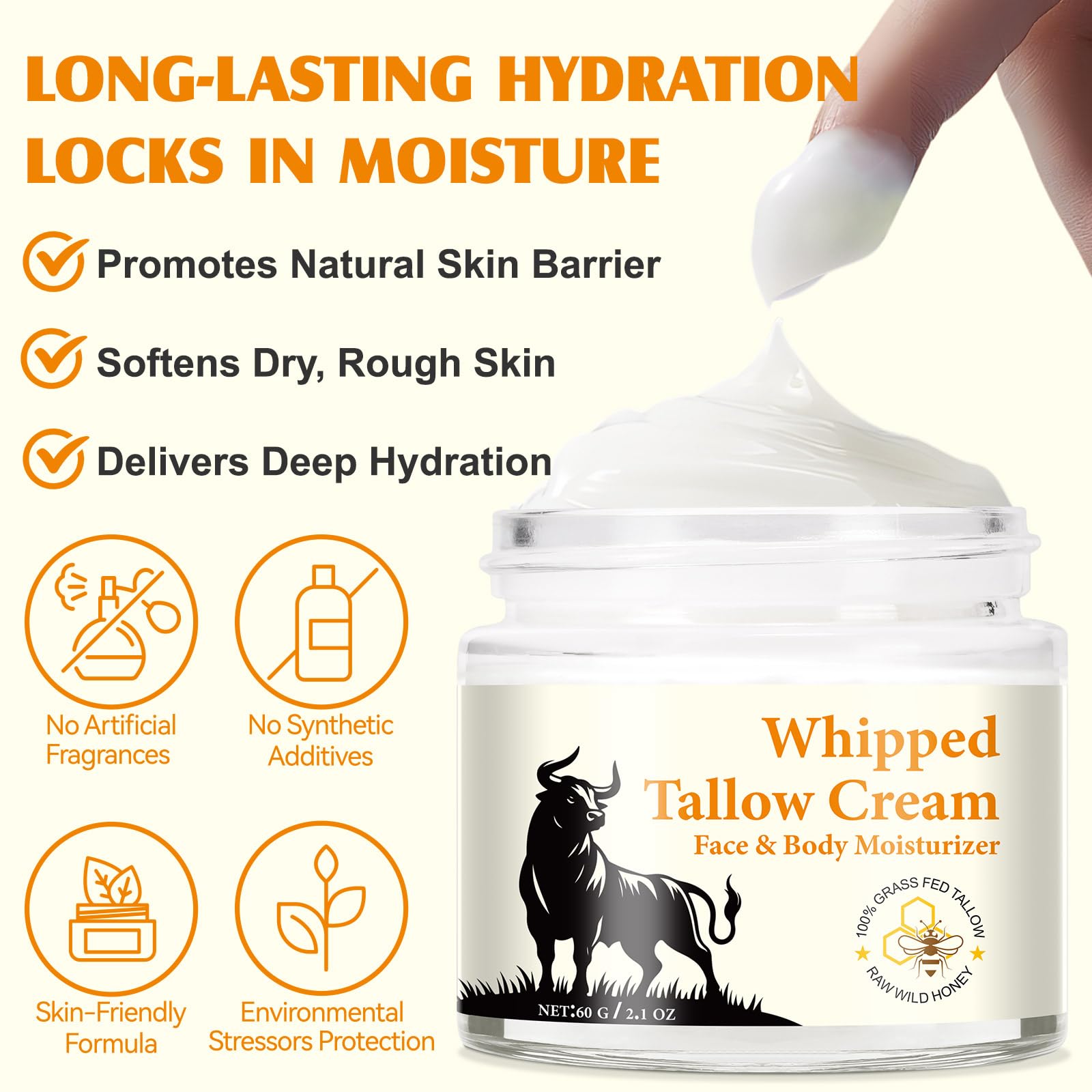 WLCTJIAYOU Beef Tallow for Skin - Tallow and Honey Balm for Face - 100% Grass-Fed Beef Tallow, Honey & Beeswax, Deep Hydration for Dry & Aging Skin, Natural Barrier, Nourishing Moisturizer