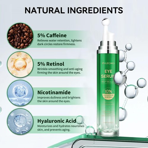 Eye Cream with 5% Caffeine Retinol Hyaluronic Acid, Eye Serum with 360° Roller Massage Ball for Puffy, Bags, Fine Lines, Dark Circles and Wrinkles, Under Eye Treatment Serum for Women & Men