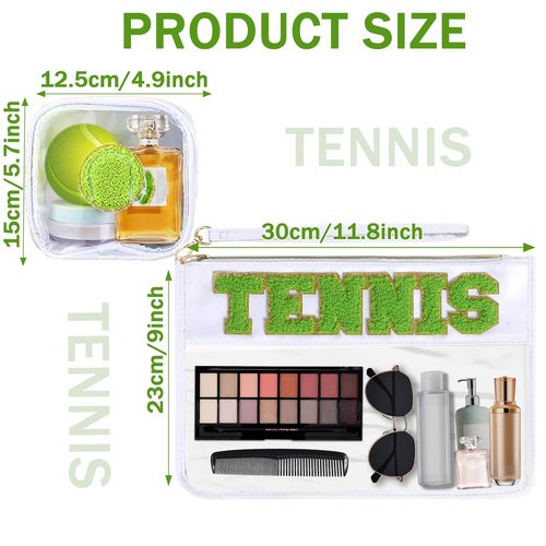 DMJRZTF 2 Pcs Tennis Snack Bags Team Gifts Cosmetic Makeup Bag with Chenille Letter Patch PVC Organizer Purse,Portable Zipper Waterproof Travel Storage Bag for Friends Women Girls