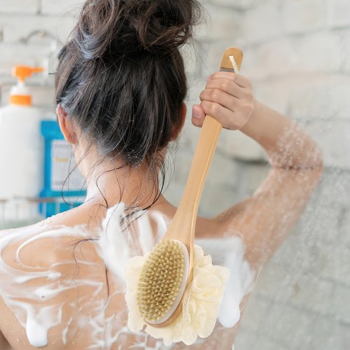 DEBETOOL Shower Loofah with Handle - Wooden Long Handle Shower Body Brush with Loofah for Exfoliating, Natural Loofah Back Scrubber for Women and Men
