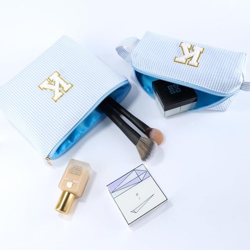 MSQ Initial Makeup Bags 2PCS Cosmetic Bag for Travel Toiletry, Birthday Gifts for Girls Girlfriend Teen Teacher Mom, Trendy Stuff Toiletry Bag, Blue K