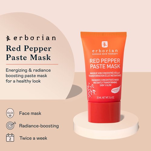 Erborian Red Pepper Paste Face Mask - Energizing & Radiance Boosting Facial Mask for Hydration & Glow with Vitamins C & E, Antioxidants & Soothing Liquorice Extract - Korean Skin Therapy – 0.6 oz