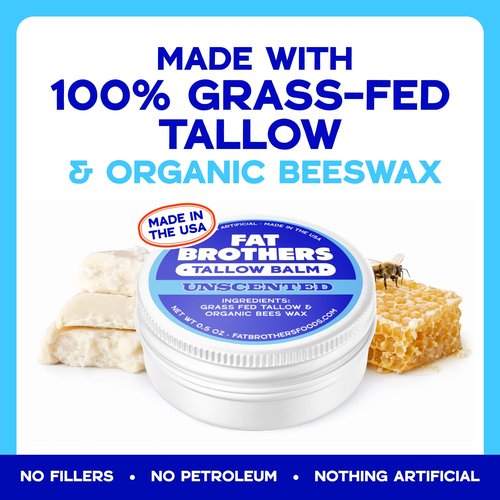 Fat Brothers Tallow Balm – 2-Ingredient (Beef Tallow + Organic Beeswax), Unscented, .5 oz Metal Tin (3X Larger Than Standard Tubes), Pure, Petroleum-Free, Ultra-Moisturizing - 2 pack