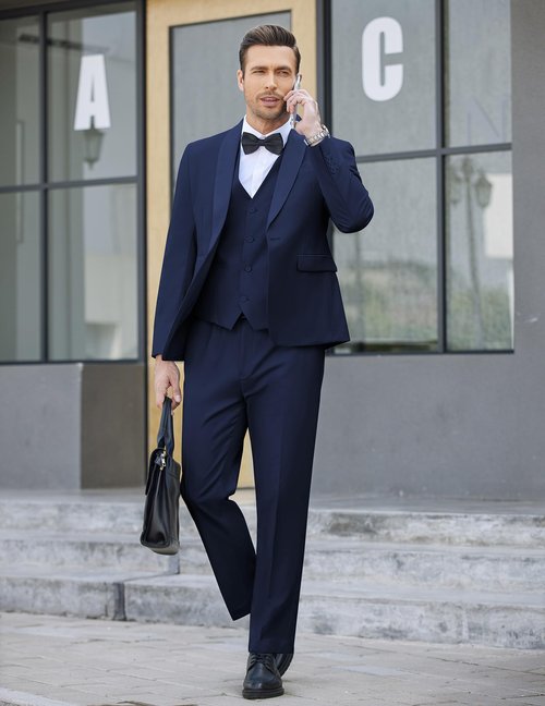 COOFANDY Mens Suit Shawl Lapel Tuxedo Wedding Prom Jacket Vest Trousers Bow Tie Navy Blue Large