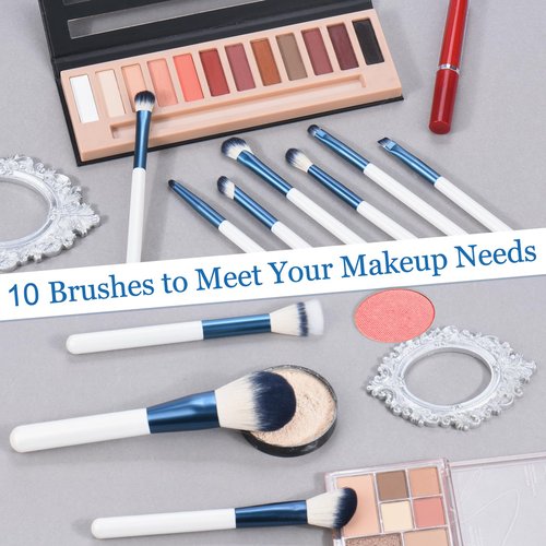 SHELWIN Makeup Brushes Set With Case 10Pcs White Makeup Brush Kit Foundation Eyeshadow Powder Blending Kabuki Eyebrow Eyelash Brushes Cosmetic Brush Travel Kit Gift (White+Blue)