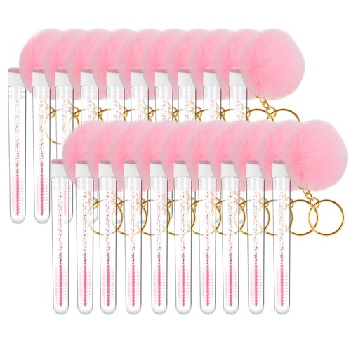 Mekupeu 20pcs Disposable Glitter Cleaning Spoolie Brushes Mascara Wands Tubes Diamond Faux Fur Ball Keyring Eyelash Brush Makeup Tool Applicator Set (Pink)