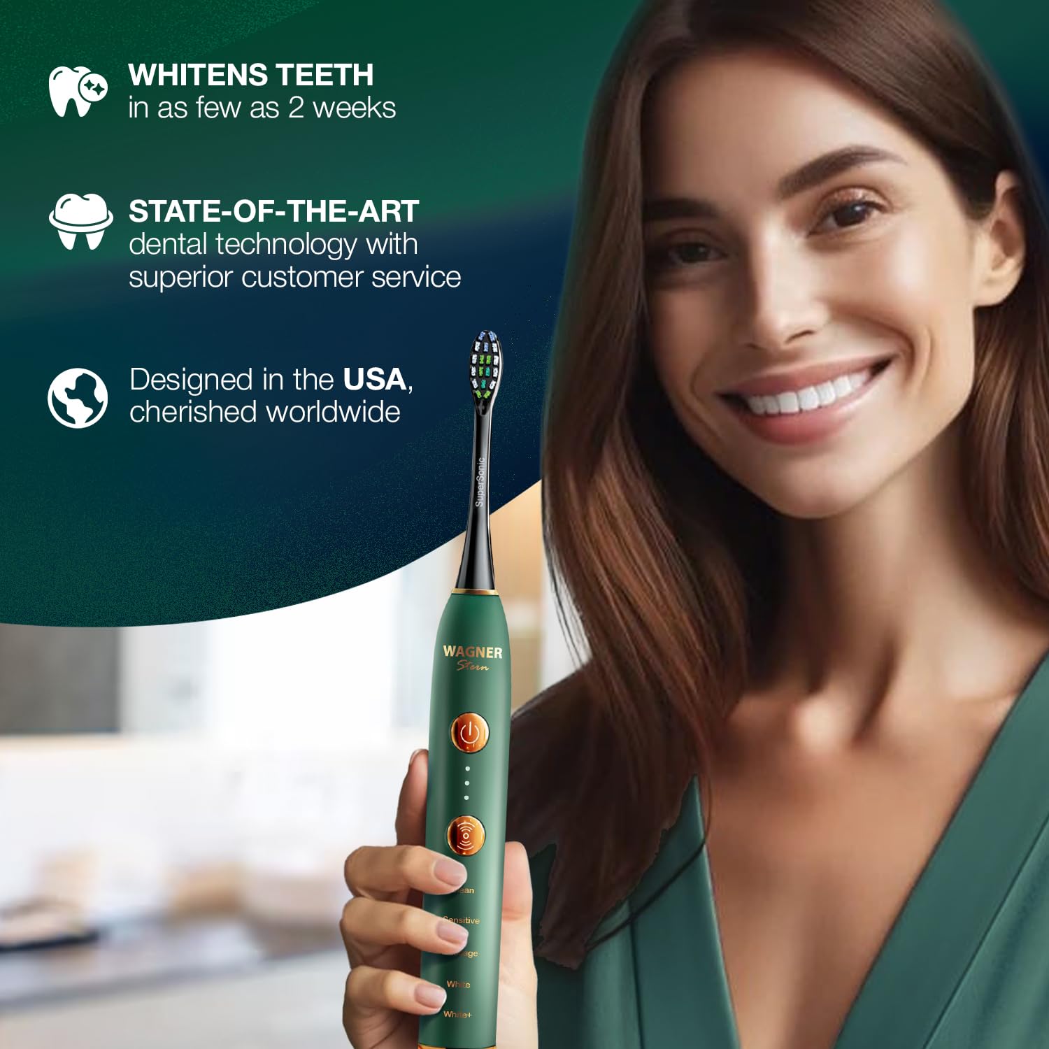 Wagner Stern WT8900 Series Electric Toothbrush – Whitening & Pressure Sensor, 5 Modes, 3 Intensities, 8 Soft Brush Heads, Rechargeable, Travel Case Included