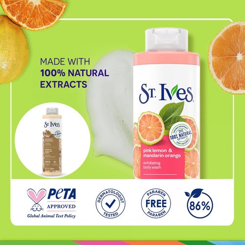 St. Ives Body Wash Variety 2-Pack, Soothing Oatmeal & Shea Butter + Exfoliating Pink Lemon & Mandarin Orange, 100% Natural Extracts, Cruelty-Free, 22 Oz Ea