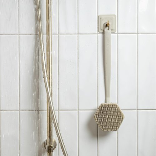 TOOLETRIES Silicone Back Scrubber with Hook - Exfoliating Shower Brush, Back Washer for Men, Durable Back Brush with Long Handle - Long Lasting Bath & Shower Accessories - Sand