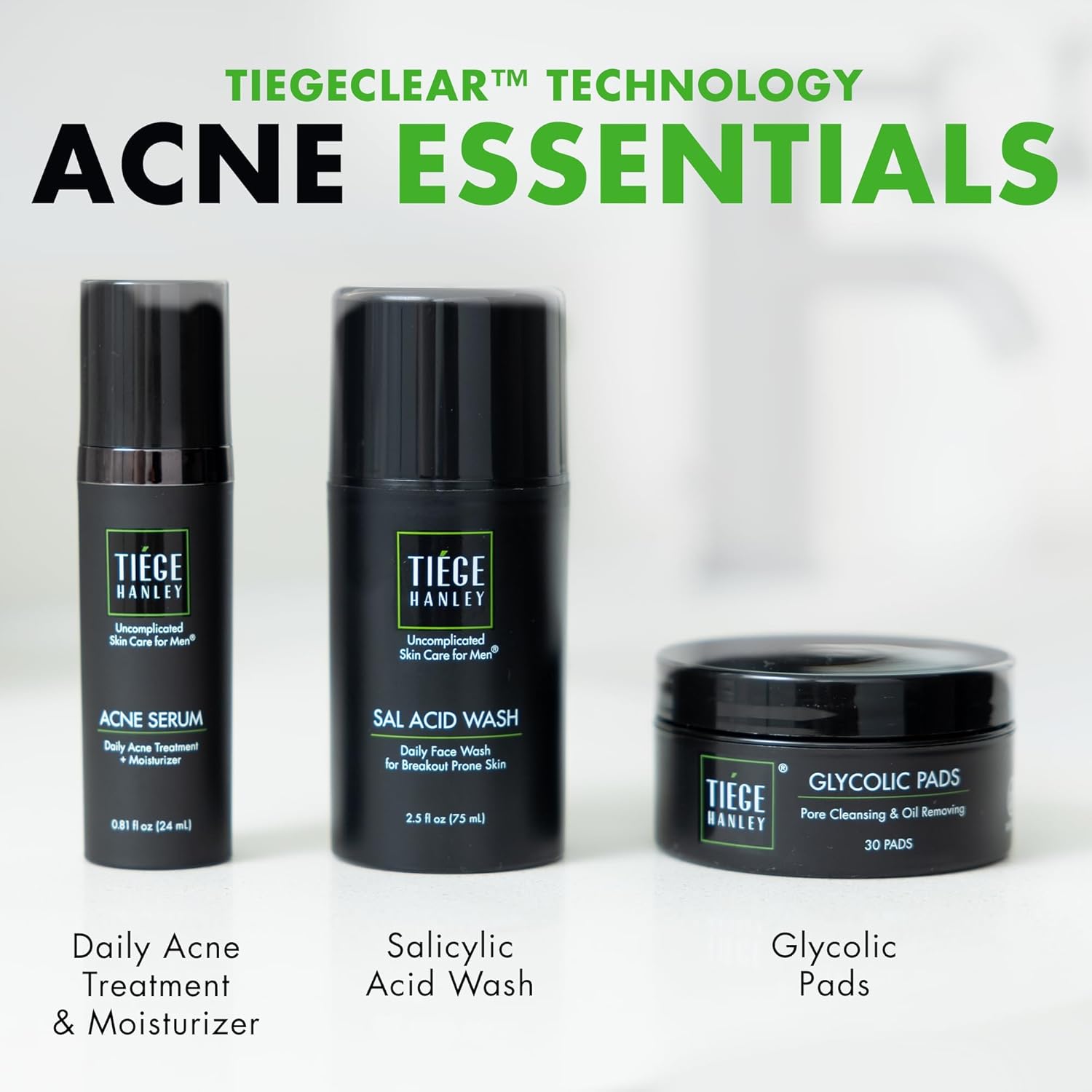 Tiege Hanley Acne Treatment Set for Men - Level 1 Skin Care System with Salicylic Acid & Glycolic Pads | 3-Piece Kit
