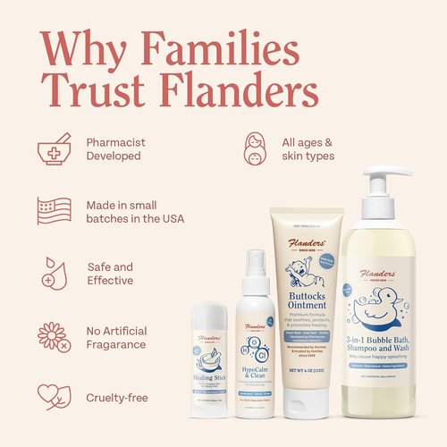 Flanders Buttocks Ointment - Zinc Oxide Diaper Rash Cream for Baby & Adult Skin | 4oz Tube for Heat Rash & Chafing Relief