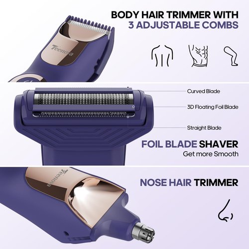 TEENOVA Electric Body Hair Trimmer - 3 in 1 Pubic Trimmer for Men - Bikini Trimmer for Women - No Nick Groin Ball Shaver Razor with Ceramic Blade Heads, Wireless Dock Charging, Wet/Dry Use (Purple)