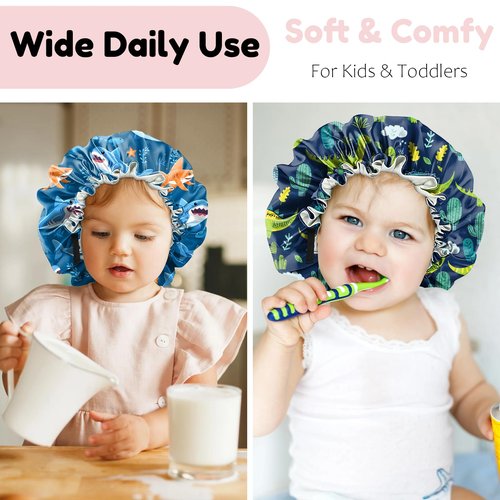 BHAHB 2 PCS Kids Bonnets for Girls Boys Satin Silk Hair Bonnets Double Layer Elastic Adjustable Hair Caps for Sleeping Reusable Cute Aesthetic-Shark Dinosaur