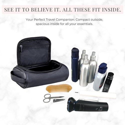 Cumbanho Mens Toiletry Bag, Compact Dopp Kit for Men Travel, PU Leather Shaving Kit, Water-Resistant Minimalist Organizer with Wrist Strap, Fits Grooming Essentials,Black