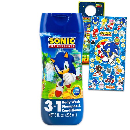 Sonic the Hedgehog Kids Shampoo & Conditioner | 3-in-1 Berry Scented Body Wash Bundle - 8 Oz Bottles & Stickers