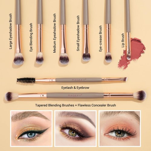 MAGEFY Makeup Brushes 12Pcs with Bag, Double-End Multi-functional for Foundation Powder Blush Eyeliner Eyeshadows brushes with Gift Box,Champagne