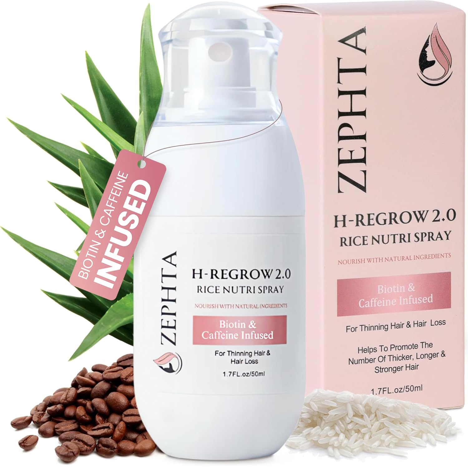 Zephta H-Regrow Hair Growth Spray - Nourishing Formula with Rice Water, Biotin & Aloe Vera for Thinning Hair