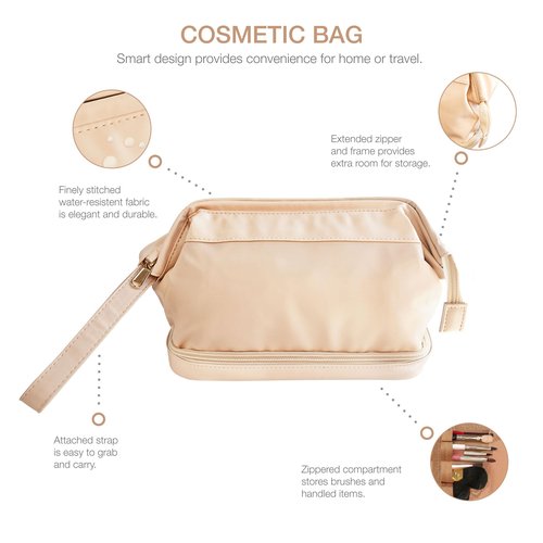 Eurow Luxe Double Layer Spacious Waterproof Cosmetic Travel Bag, PU Leather, Portable with Handle, Makeup & Toiletry Organizer, Dual Compartments for Brushes & Essentials, Cream