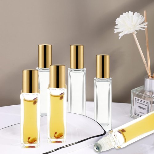 Hzmssore 25 Pcs 10 ml Roller Bottles for Essential Oils, Square Thick Empty Glass Roller Bottles with Stainless Steel Roller Balls Protection Leakproof with 2 Funnel for Travel, Gold