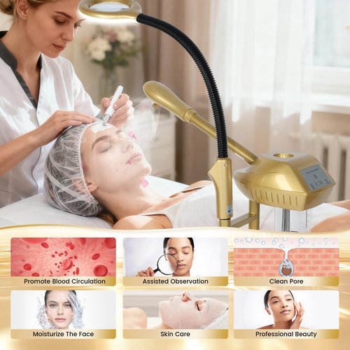 Chetunju Professional Facial Steamer Adjustable Height and Angle, Face Steamer Clean Skin Firming Pores and Moisturizing Suitable for a Beauty, Spa, at Home（Gold）