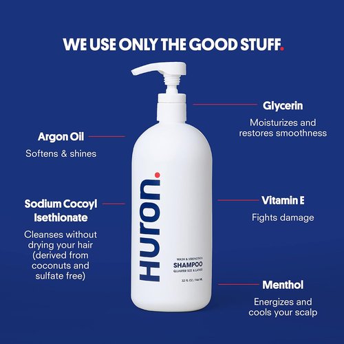 Huron Men's Daily Shampoo - Fresh Scent for Strong, Full Hair - Nourishing Argan Oil & Vitamins E/B7 | 32oz