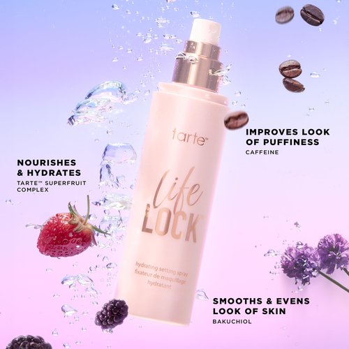 tarte life lock hydrating setting spray – 10-in-1 Weightless Mist to Hydrate & Lock Long-Lasting Makeup, Waterproof, Sweatproof & Transfer-Resistant, Vegan & Cruelty-Free, travel size