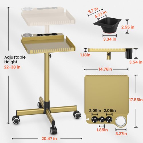 TASALON Gold Salon Tray on Wheels – Salon Rolling Tray Set with Magnetic Hair Dye Bowl, Heat-Resistant Tool Rack, Hair Extension Holder for Styling, Rolling Tool Cart & Hair Salon Station Organizer
