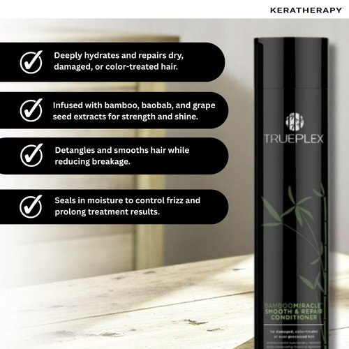 Trueplex KERATHERAPY Bamboo Miracle Smooth & Repair Conditioner, 10.1 oz., 300 ml - Vegan Formula Damaged, Frizzy, & Dry Hair - Hydrating & Smoothing with Grape Seed, Baobab, & Bamboo Extract