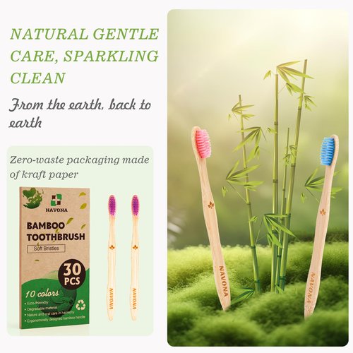 Navona 30 PCS Bamboo Toothbrushes, BPA Free Soft Bristles Toothbrush for Adults, Box of Two Kids Bamboo Toothbrushes Pack, Eco-Friendly Natural Wooden Toothbrush Bulk