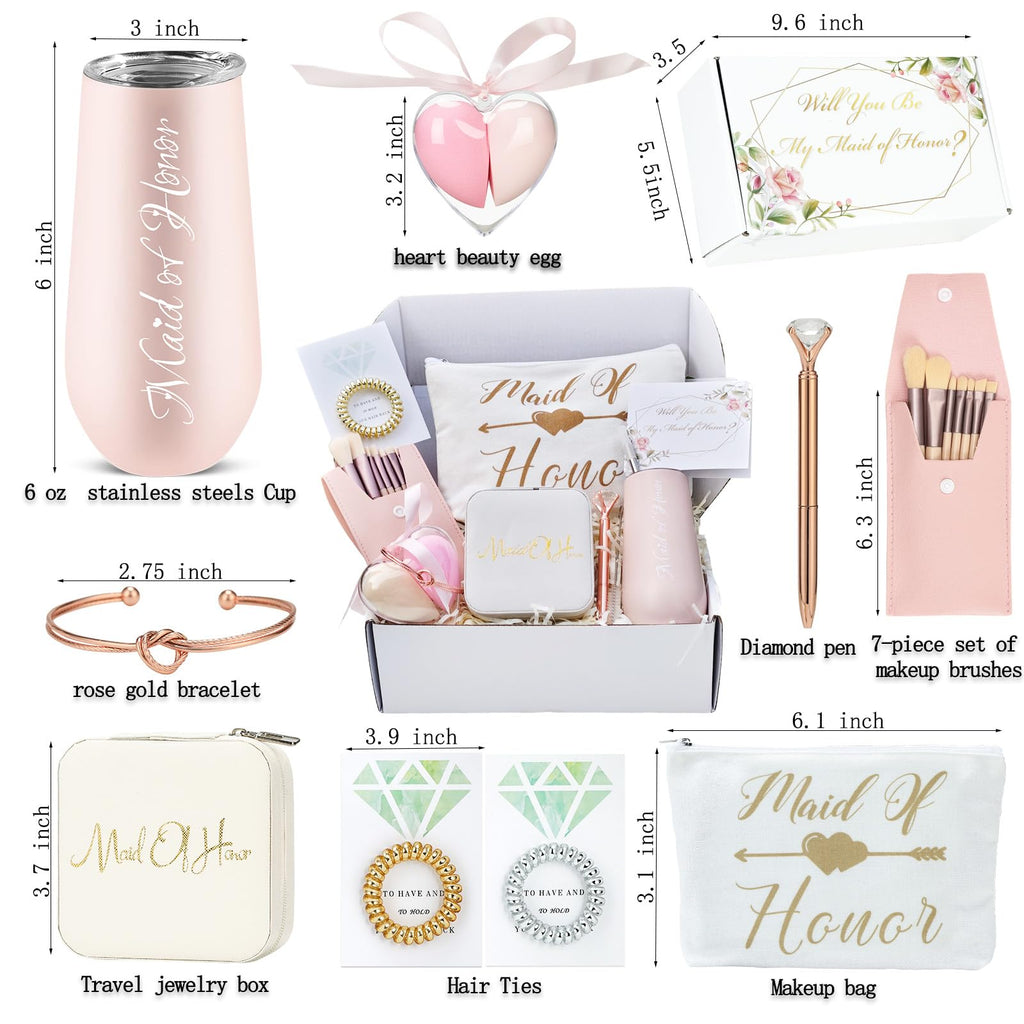 Will You Be My Maid of Honor Gift Box,Maid OF Honor＆Bridesmaids Proposal Gifts Set of 10-Bachelorette&Wedding Party Engraved with "Maid of Honor" 6oz stainless steels Cup,Jewelry box,Makeup Bags,Card