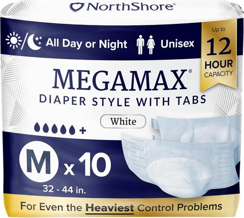 NorthShore MegaMax Adult Diapers - 12-Hour Protection for Heavy Bladder Leaks | Medium, 10 Count, White, 32-44 Inches