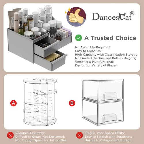DancesCat Grey&2 Drawers Makeup Organizer Countertop, Vanity Organizer with 7 Compartments and 2 Drawers for Cosmetics, Skincare, Brushes, Perfume, Bathroom Counter Organizer