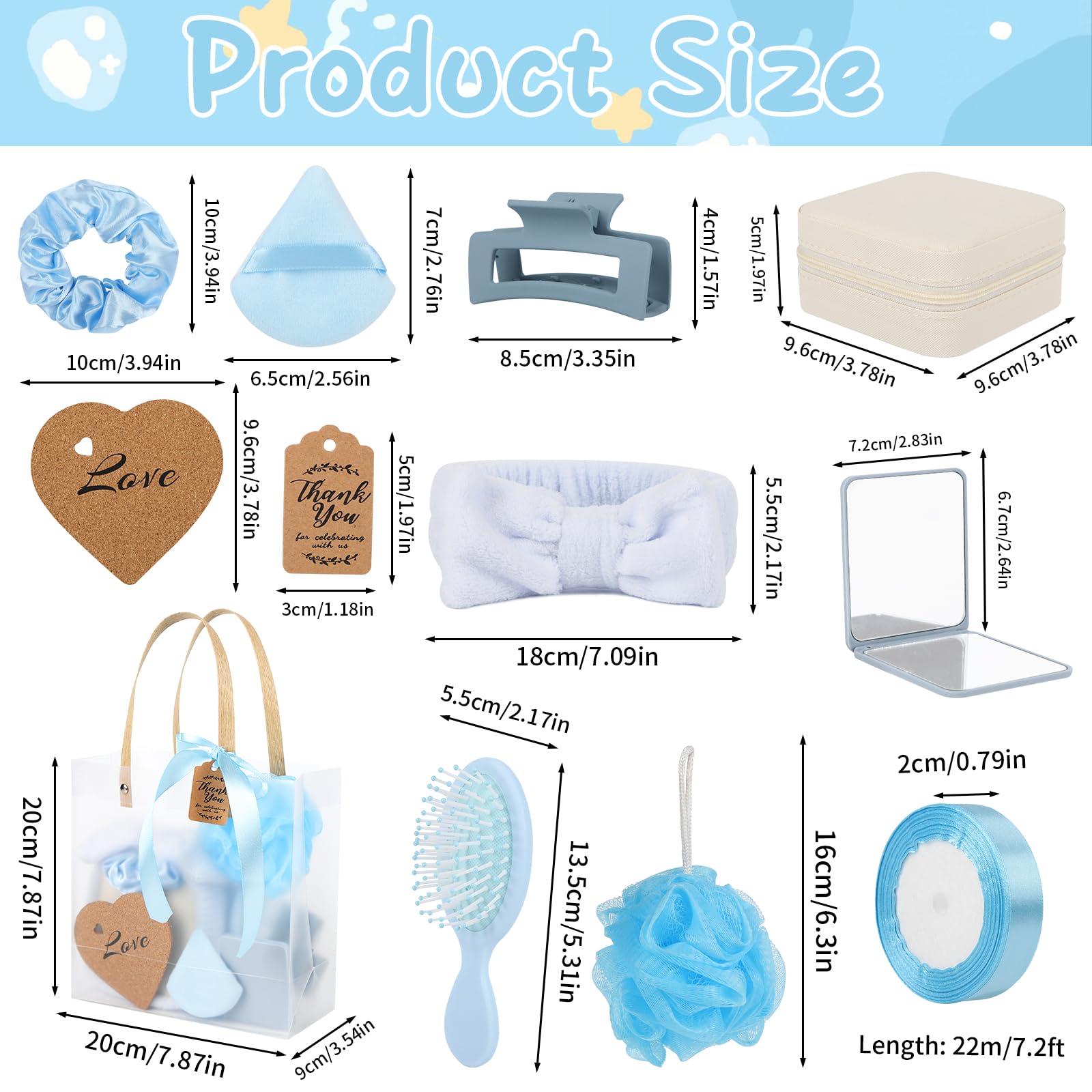 WAYASDCU 6 Sets Baby Shower Prizes for Game Winners Bath Sponges Heart Cork Coaster Headband Hair Brush Jewelry Box Compact Mirror Powder Puff Hair Tie Claw Gift Bag Bridal Shower
