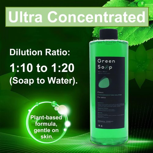 16.9oz Green Soap Tattoo Kit, Urknall Ultra Concentrated 16.9oz Green Soap with 8oz Squeeze Bottle for Tattooing & Piercing Care, Gentle Vegan Formula for Professional Tattoo Supplies