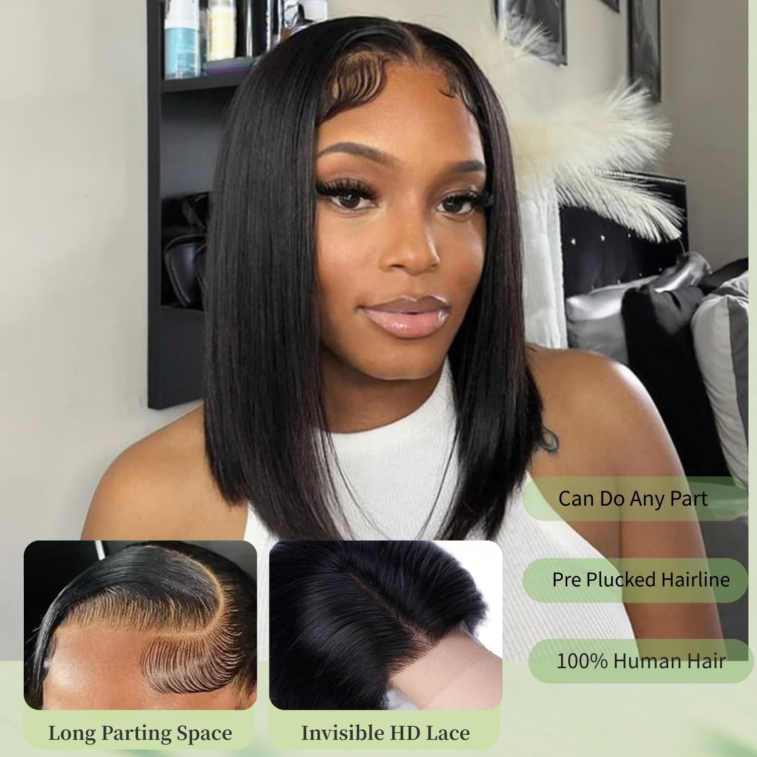 YFOXI Bob Wig Human Hair 13x4 HD Lace Front Wigs Human Hair Pre Plucked Short Straigh Bob Lace Frontal Wigs for Black Women 150% Density Straight Bob Human Hair Wig Glueless Wigs（6 Inch）