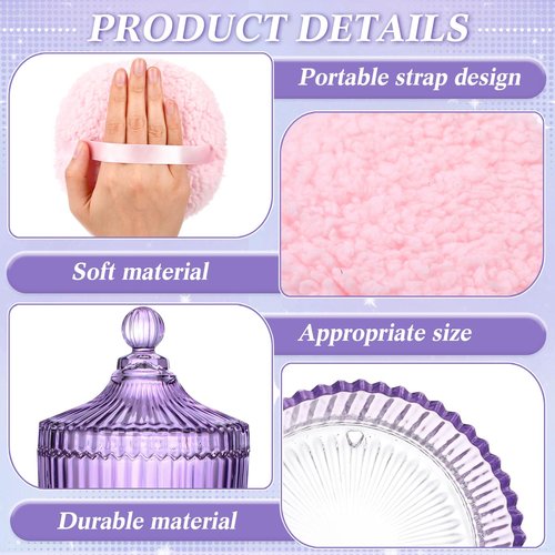 Ferrochef Extra Large Body Powder Puff and Container, 5.5'' Crystal Container with 5.3'' Oversize Dust Powder Puff Washable Reusable Face Body Glitter Wet Dry Makeup for Women(Purple)