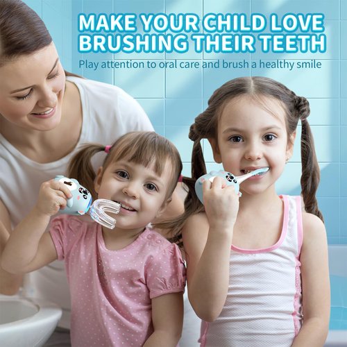 QDCYP Kids U Shaped Electric Toothbrush, Automatic 360° Sonic Cleaning, 6 Modes, 4 Brush Heads, Cute Cartoon Koala Design (2-6 Age (Grey Blue))