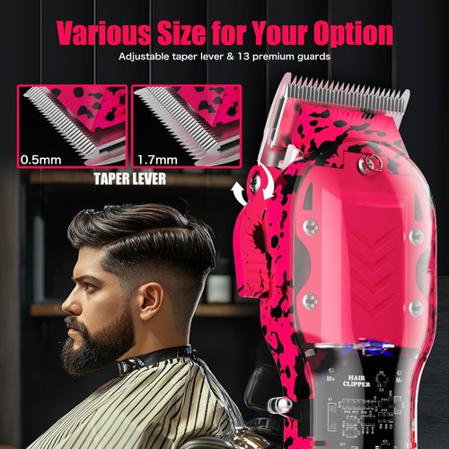 Tuanchuanrp Professional Hair Clippers for Men, Cordless Barber kit for Hair Cutting & Grooming, Hair Clippers and Trimmer Set for Barber Haircut with LED Display, 8 Fade Taper Combs(Pink Set)
