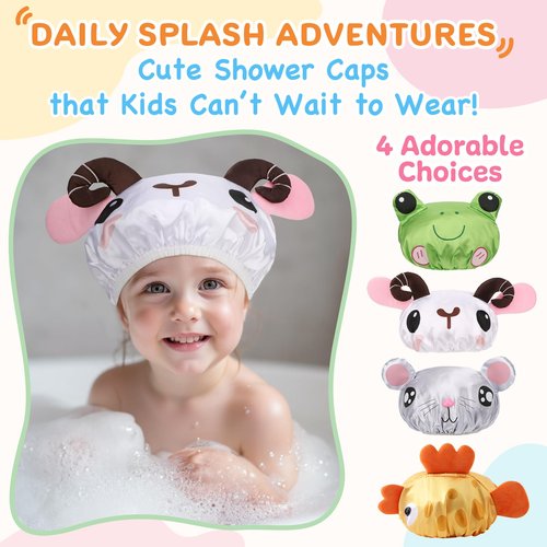 kilofly 4pc Fun Cute Animal Shower Caps for Kids Reusable Waterproof Bath Hat Set