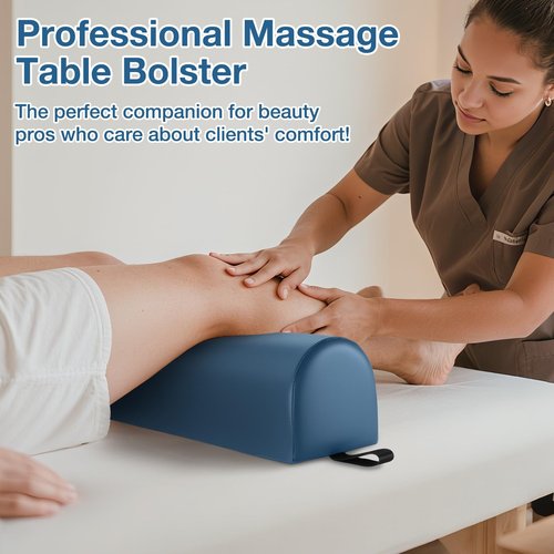Noverlife 3/4 Round Massage Bolster, 26x6x6 inch Leg Bolster for Massage Table with Strap Handle PU Leather Bolster Pillow for Legs, Physical Therapy Bolsters Under Back Knee Ankles Pain Relief - Blue
