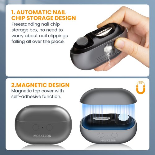 MOSKESON Electric Nail Clipper: 3-in-1 Automatic Fingernail Trimmer, Polisher & Clip Storage with LED Light, USB Rechargeable & 2 Speed Gears Automatic Safety Nails Cutter for Baby Kids Adult (Grey)