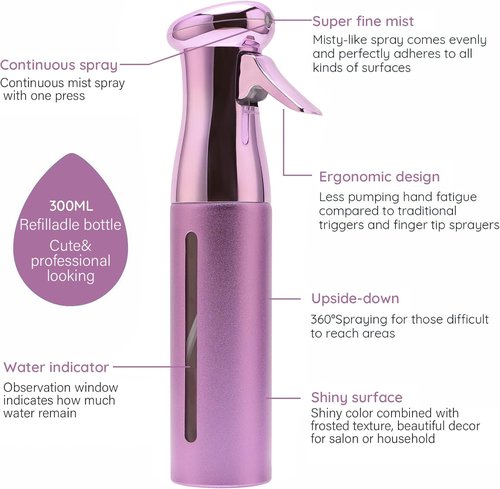 Salon Style Continuous Spray Bottle - Fine Mist 10 Oz Luminous Aerosol-Free Water Sprayer for Hair, Plants & Cleaning - Purple